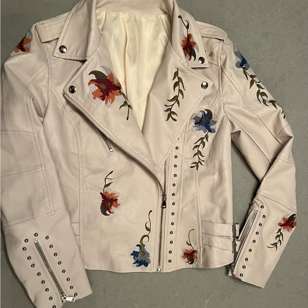 Beautiful Embroidered Vegan Leather Biker Jacket